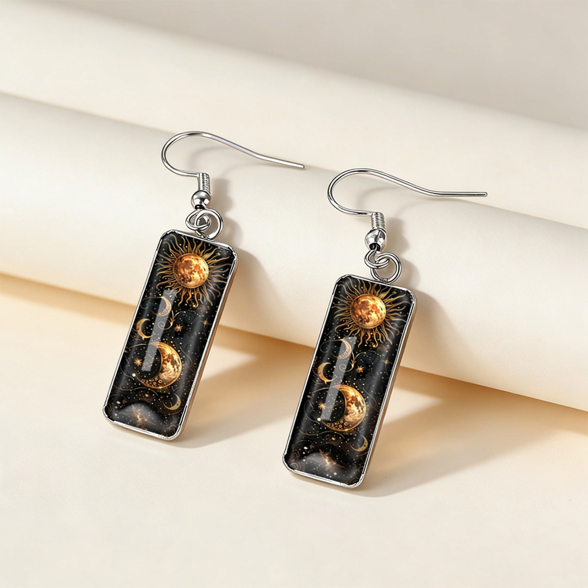 Women's Vintage Black & Gold Pattern Crescent Moon Drop Earrings